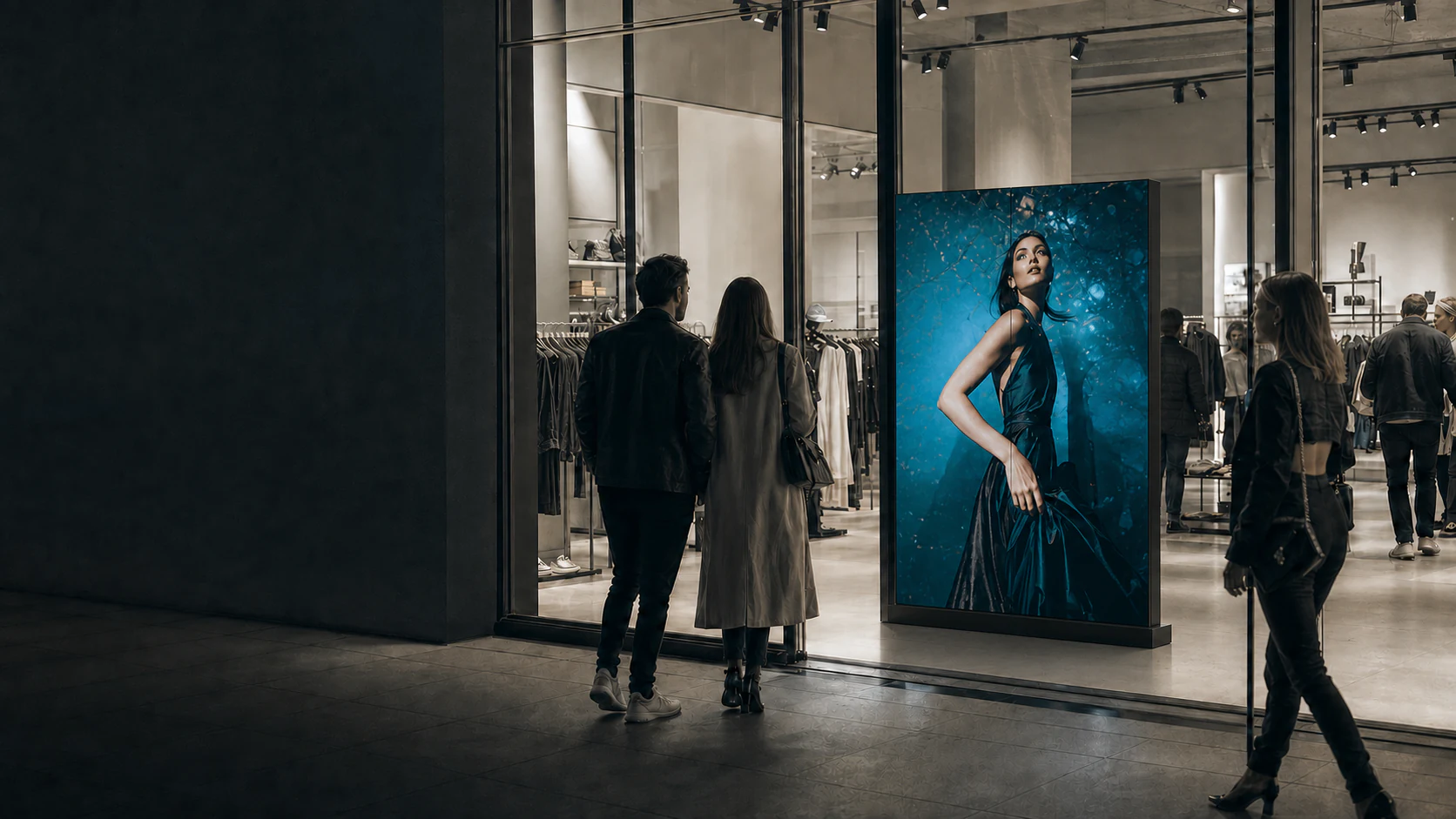 Shoppers entering a fashion store drawn toward a vivid 4-foot-2-inch-wide freestanding video wall